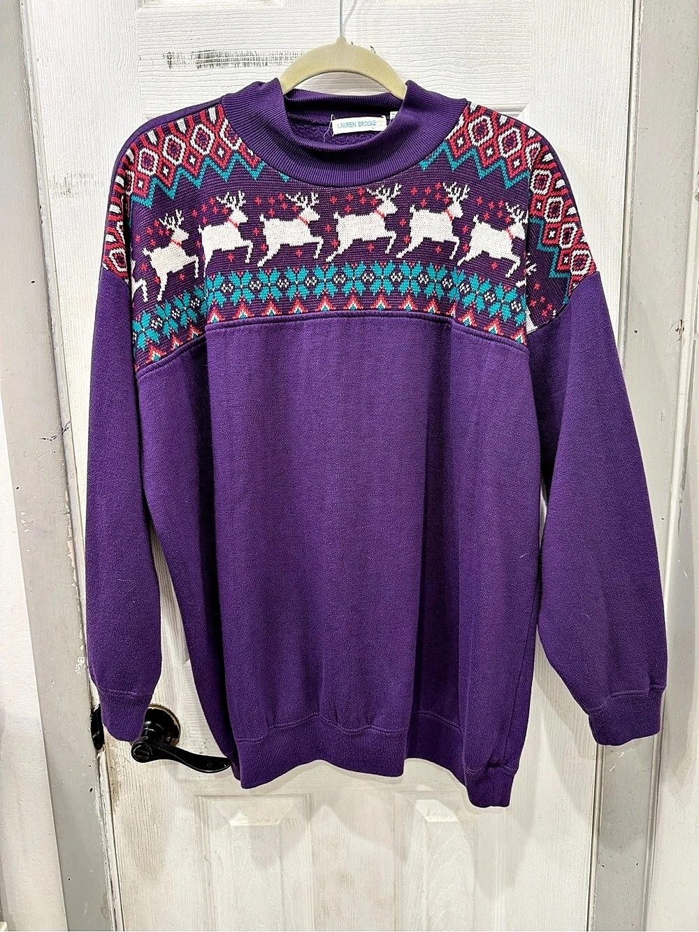 Lauren Brooke Women's Geometric Crewneck Sweater in Purple Size 42/22W